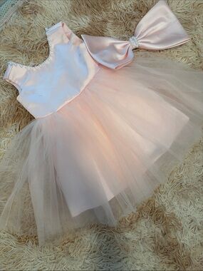 Flower Girl Pink Tulle Party Dress with Pearl Accents & Bow